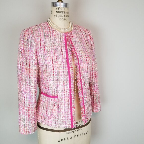 Tahari Arthur Levine Pink Tweed Boucle Sparkle Jacket Ladies Size 2 Petite - Picture 3 of 10